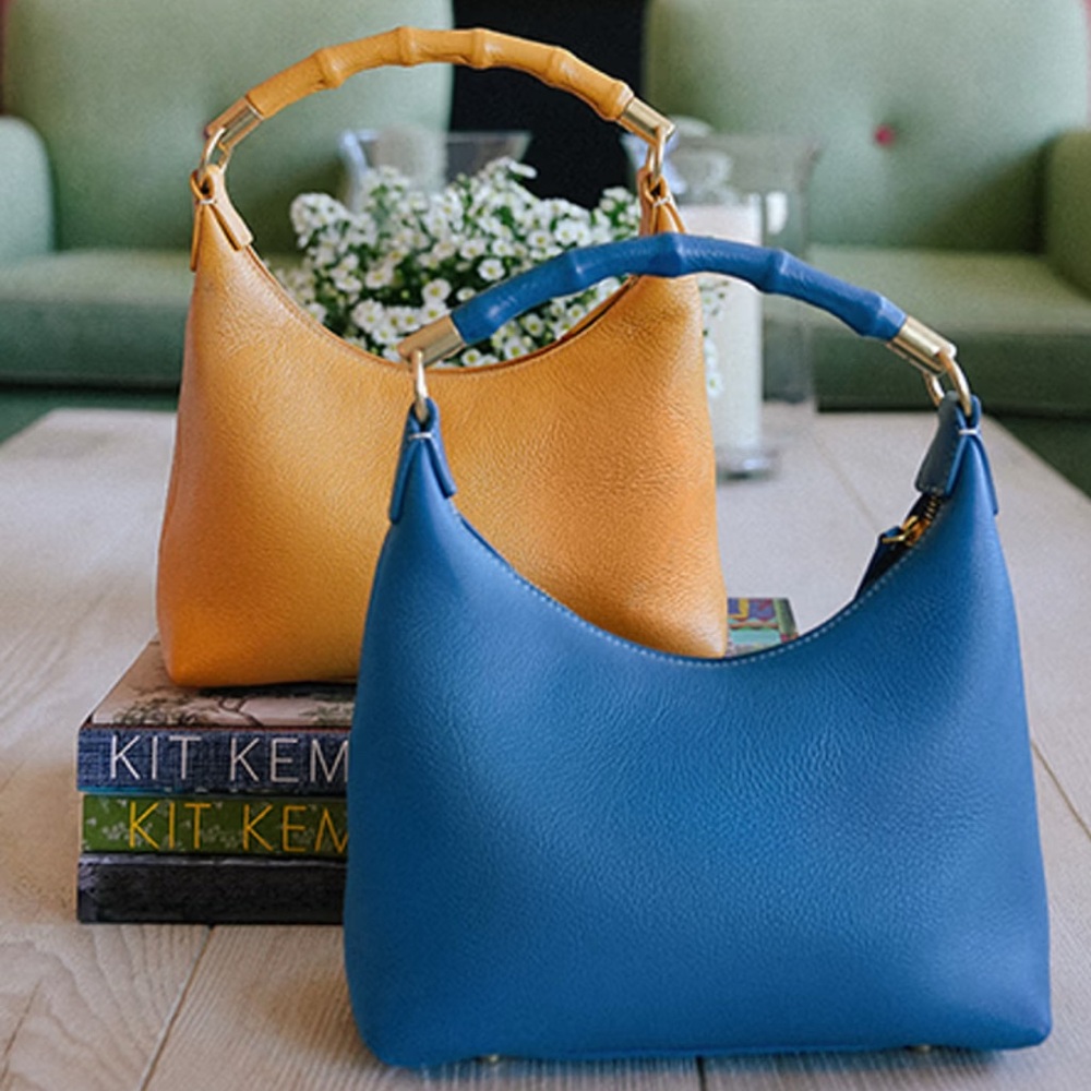 J McLaughlin Folly Handle Purse - blue leather